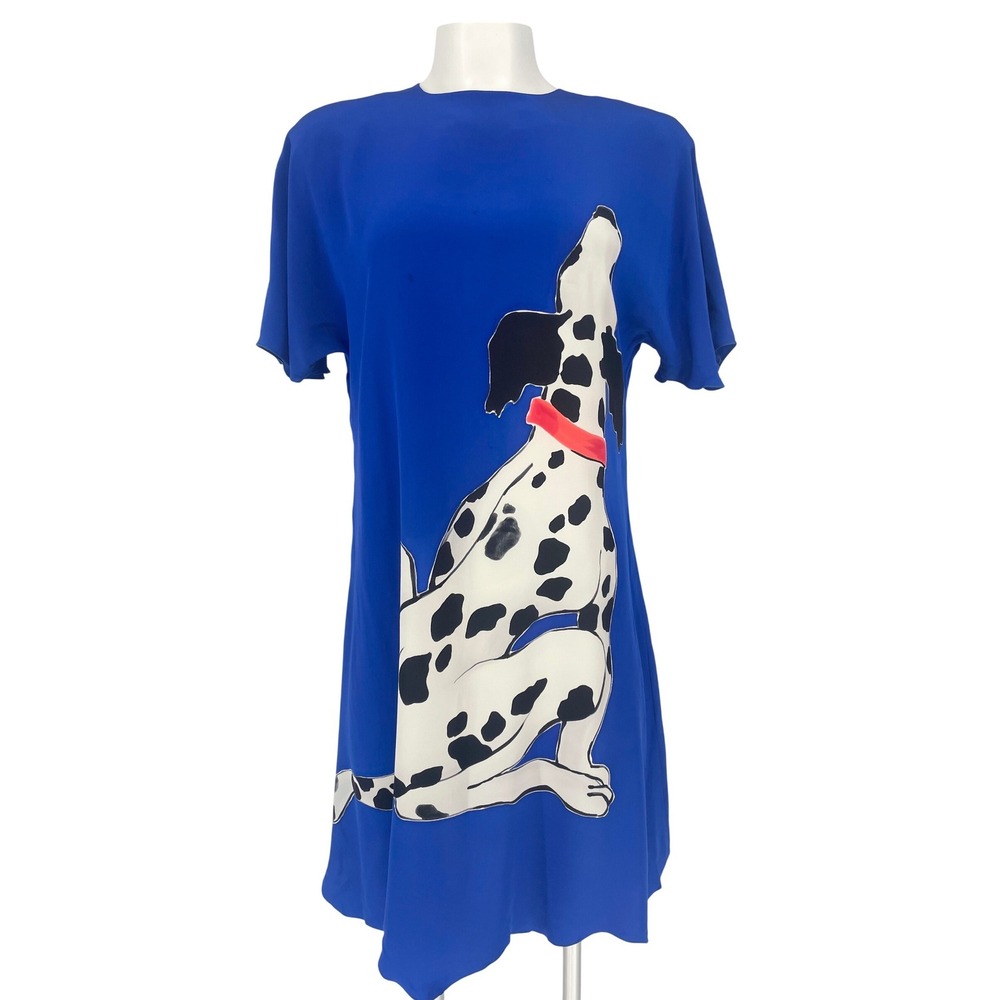 Vintage Yolanda Lorente Silk Dalmatian Dress Cobalt Blue Artwear Scarf 80s 90s
